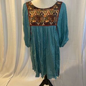 189 Umgee Boho Embroidered Dress Blue Rust Tribal Yoke Flowy Tunic Medium
